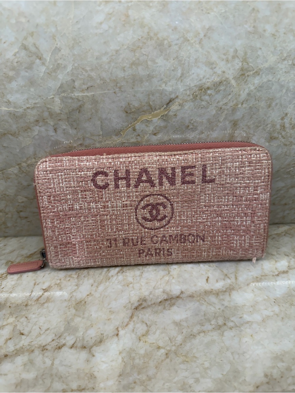 CHANEL Pink Tweed Logo Zip Wallet